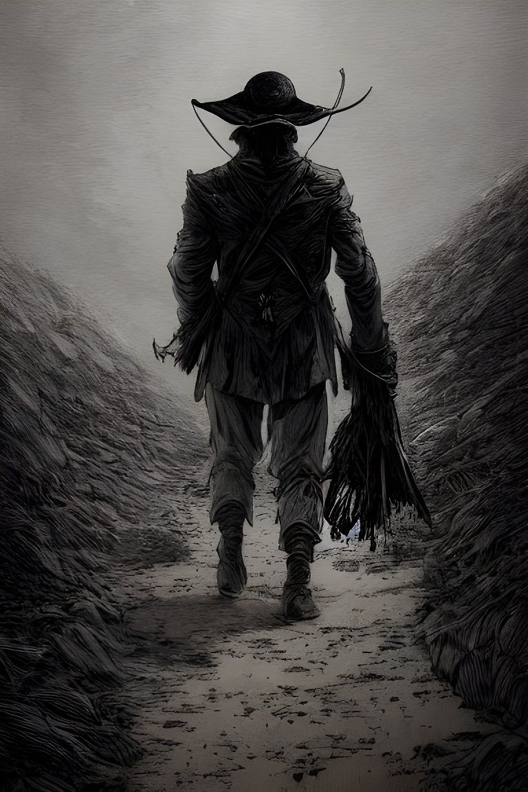 Japanese Traveler in Barren Wasteland: Dark Horror Art