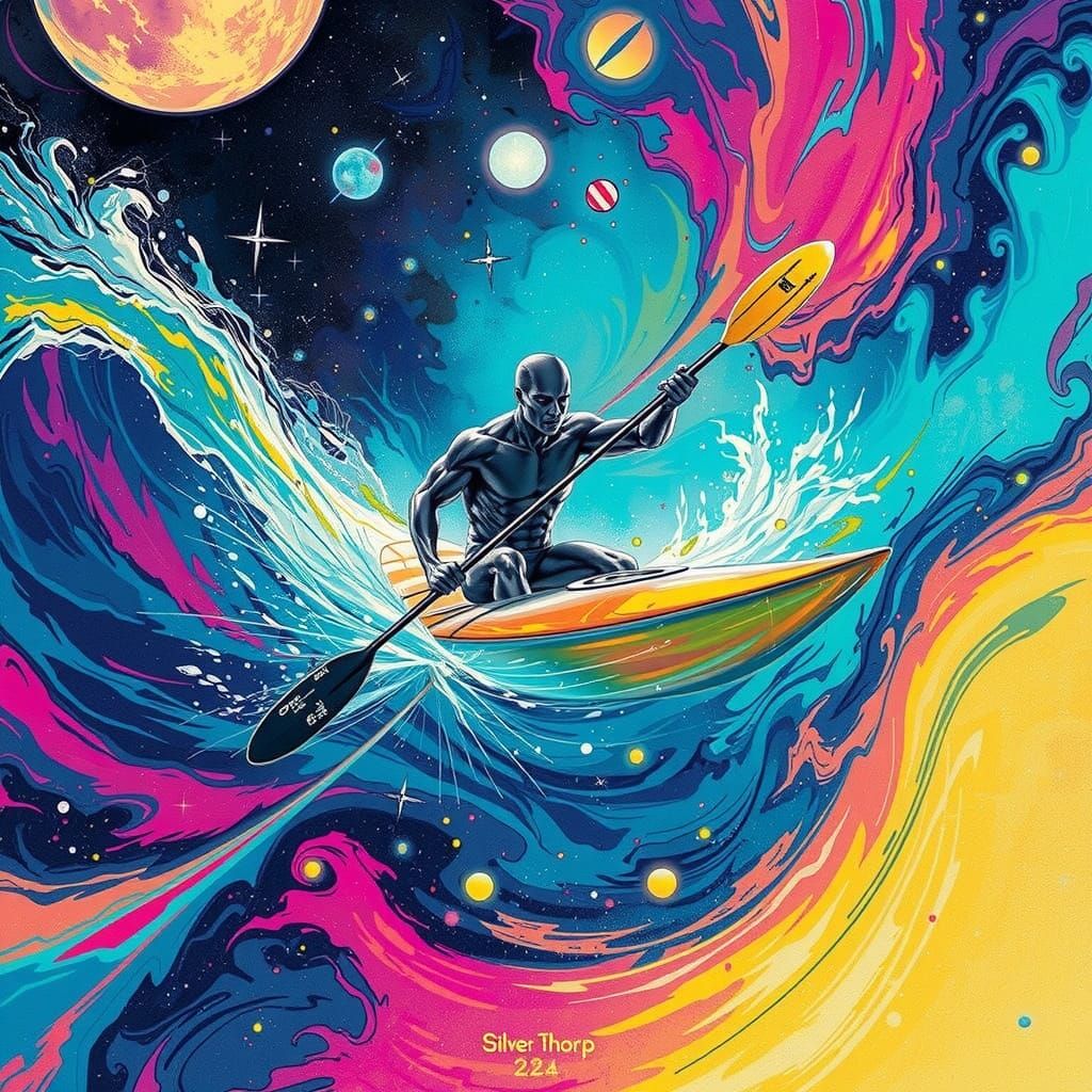 Silver Surfer Kayaking Through Psychedelic Cosmos