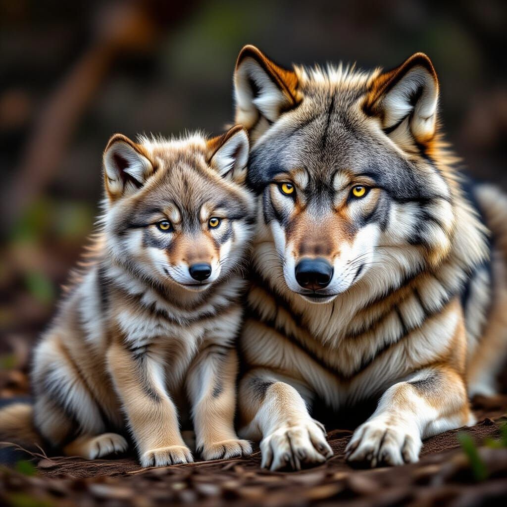 Endearing Wolf Cub Beside Grumpy Alpha Male