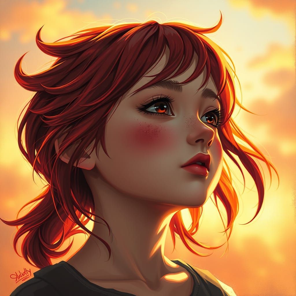 Girl with Flame Hair Gazes at Sunset