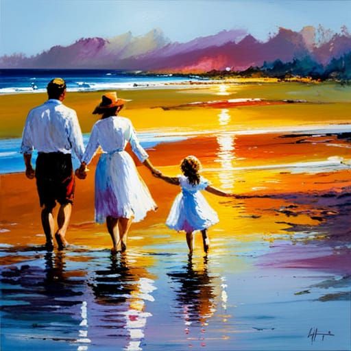 Colorful Beach Scene in Impressionist Style