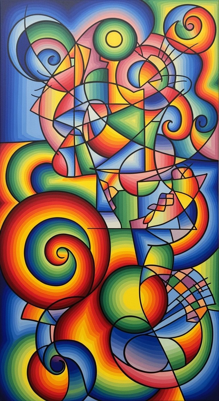 Abstract Kaleidoscope of Swirling Shapes and Geometric Lines