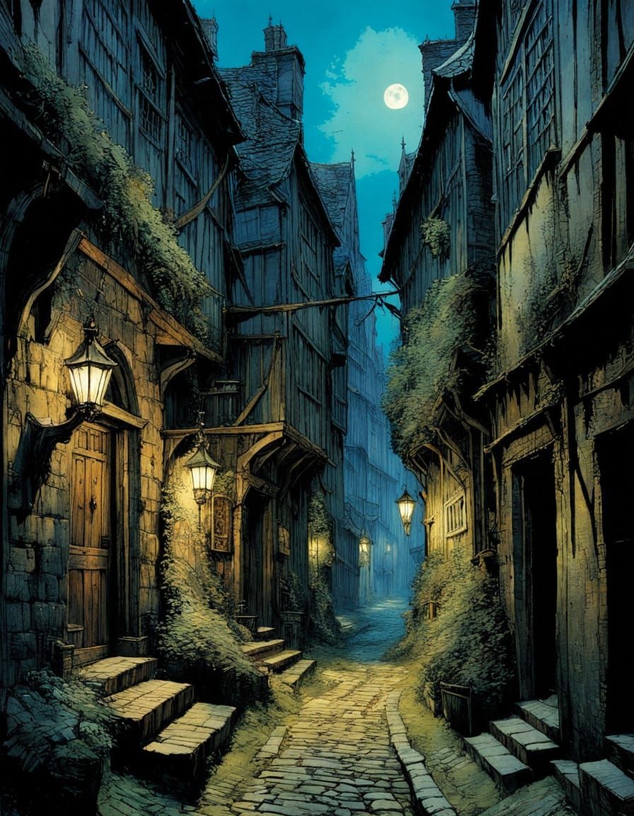 Mysterious Medieval Alley in Deep, Noctilucent Hues