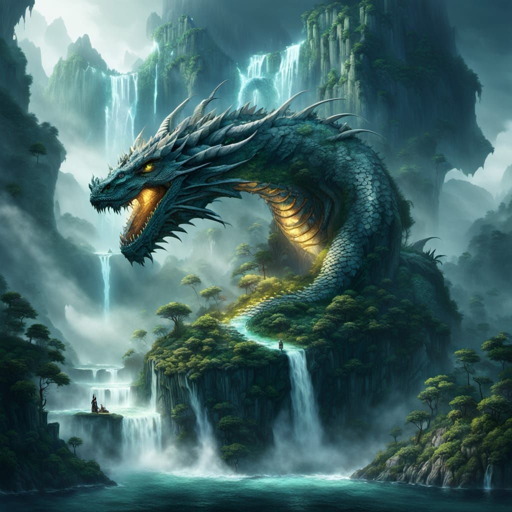Ancient Dragon Coiled Around Floating Island