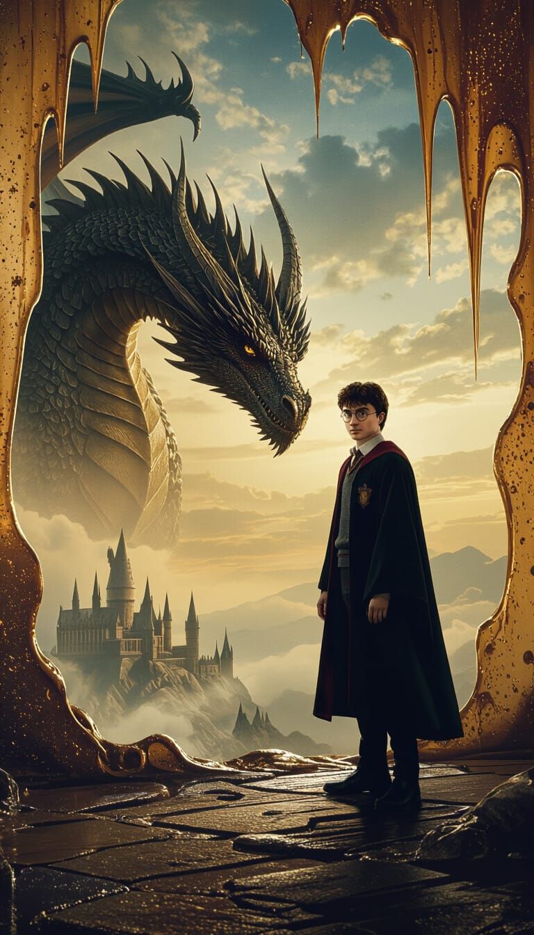 Harry Potter and Dragon in Dreamlike Oil Painting Style