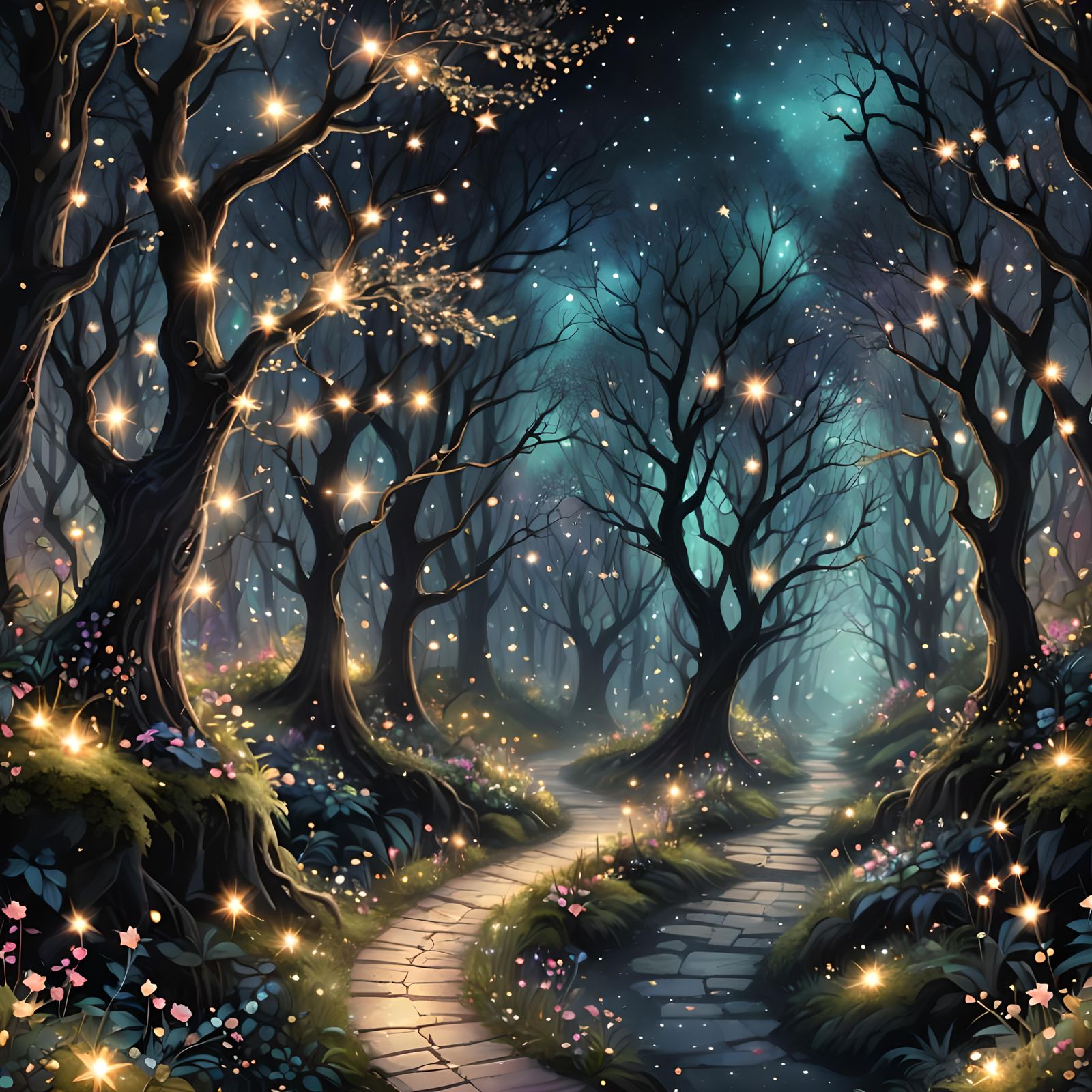 Path through Fantasy fairy enchanted forest, hyperdetailed i...