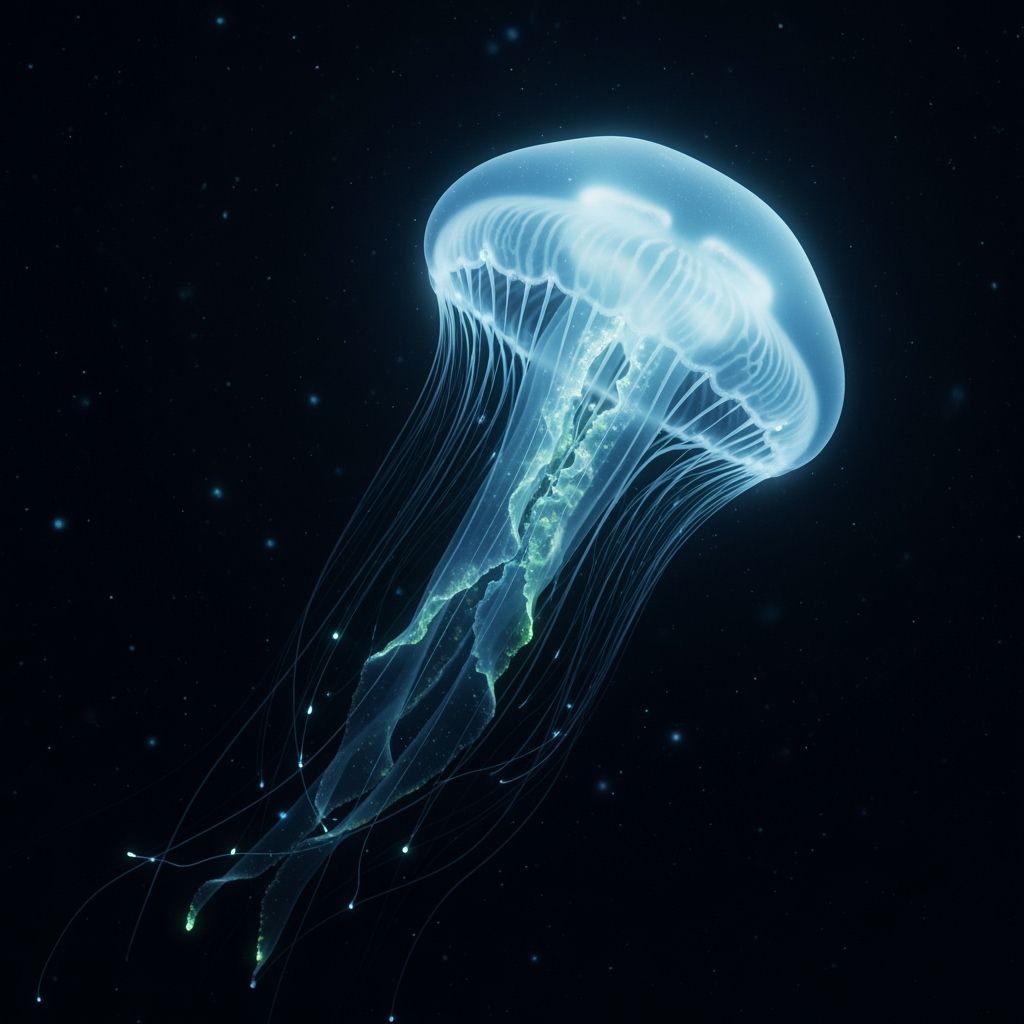Bioluminescent Jellyfish in Ethereal Glowing Deep Sea