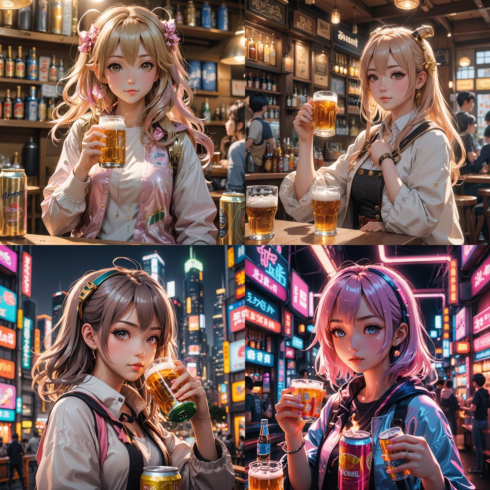 Cute Anime Girl Drinking Beer in 3D Style