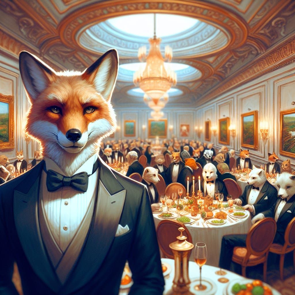 Anthropomorphic Fox Attends Elegant Dinner Party