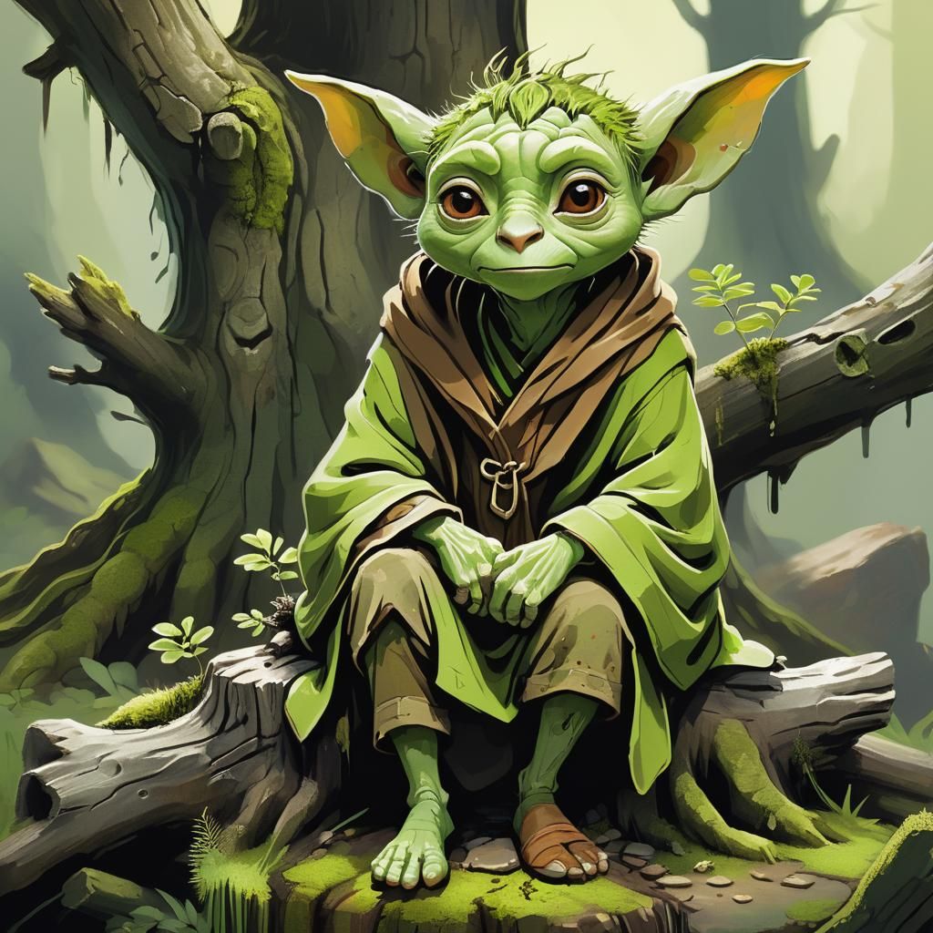 Whimsical Green Creature on Tree Stump: Digital Illustration