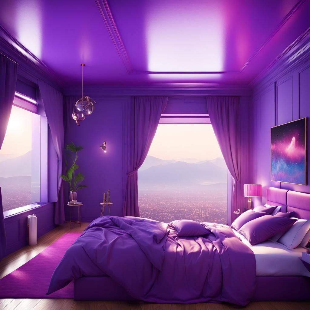 Luxurious bedroom purple walls and magenta ceiling with beautiful view and purple bed huge windows was purple curtains& ...