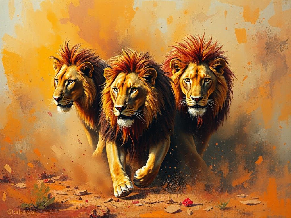 Rubies and Dust: Oil Painting of Ruby-Gold Lions in the Afri...