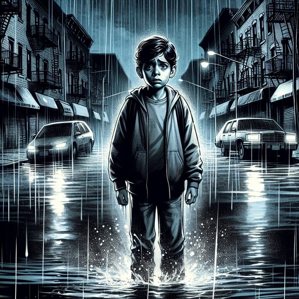 Lost Boy in Rain-Soaked Bronx: Digital Illustration