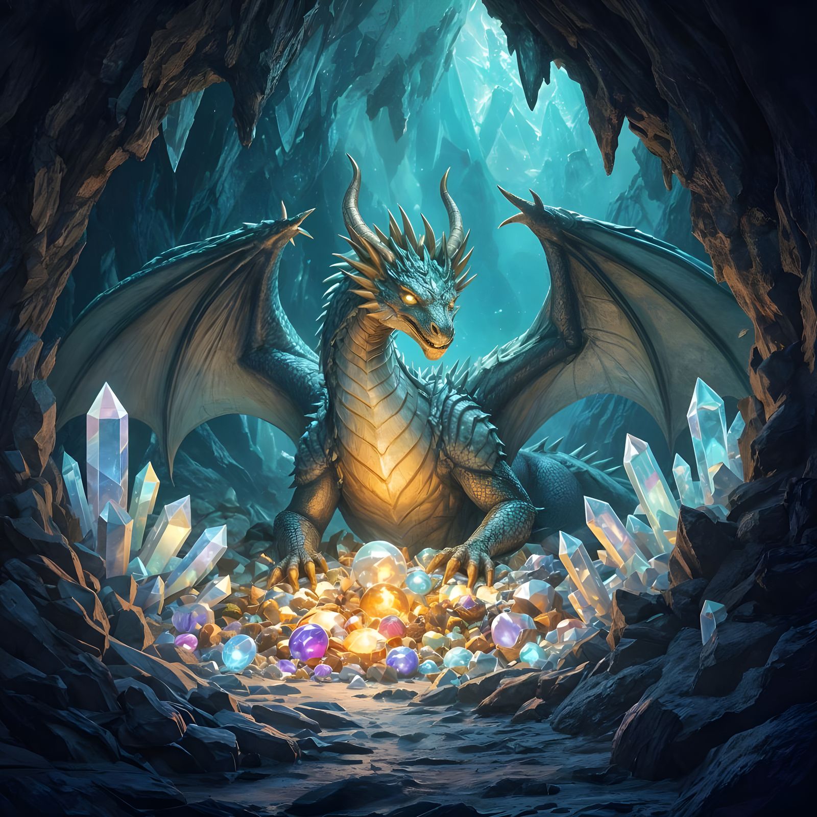 Ancient Dragon Guarding Glowing Treasures in Crystal Cavern