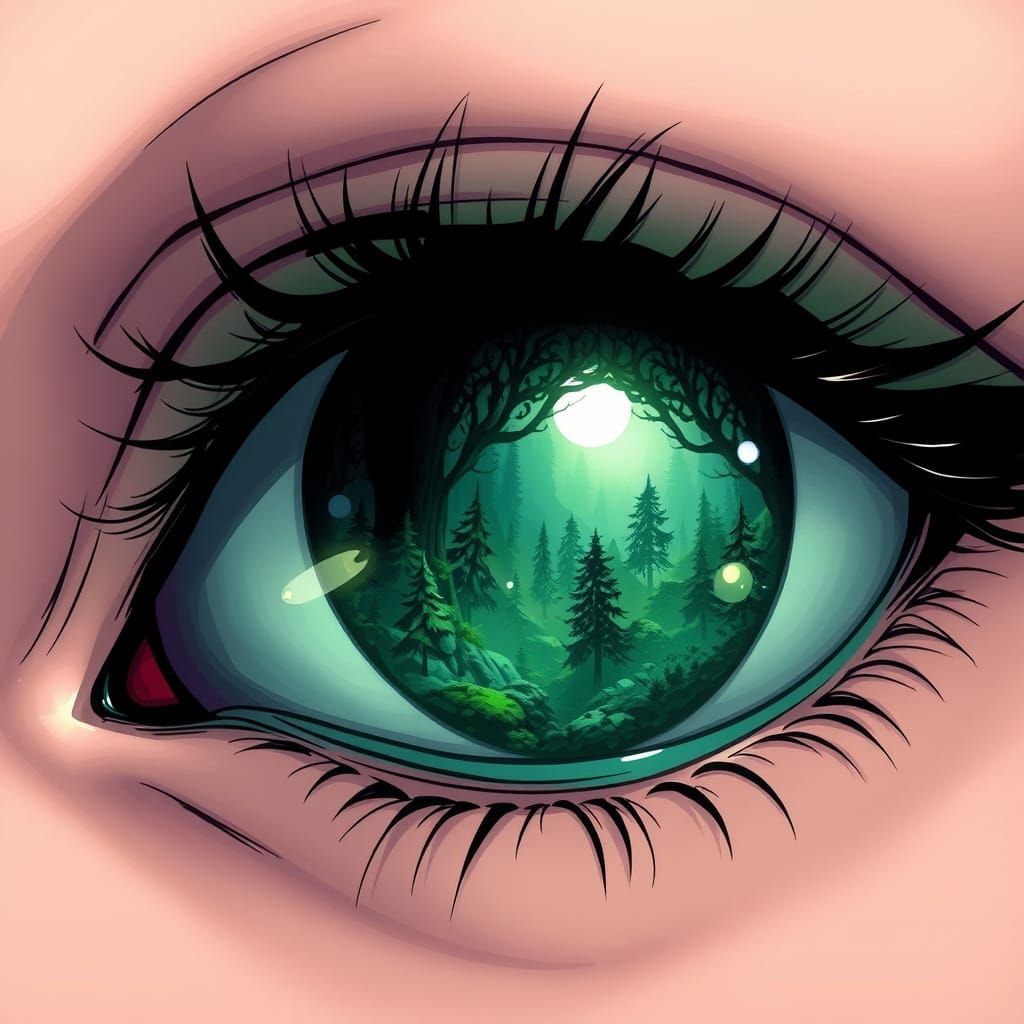 Mystical Green Eye in a Vibrant, Cel-Shaded Forest