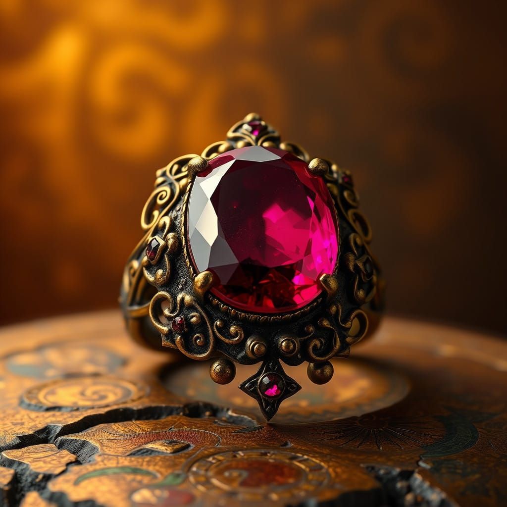 Luxurious Ruby Ring in Opulent Bronze and Gold Filigree