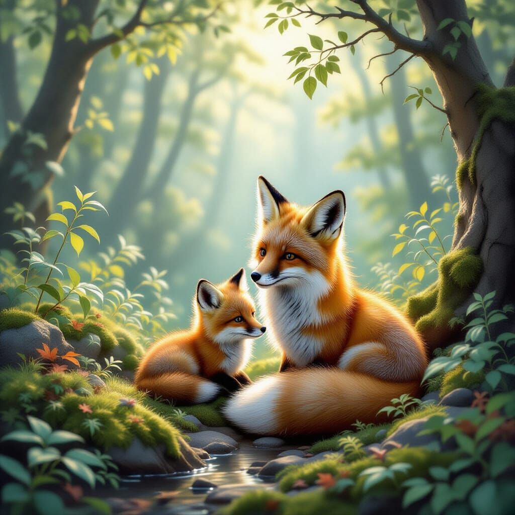 Mother and Baby Fox in Enchanted Forest Clearing