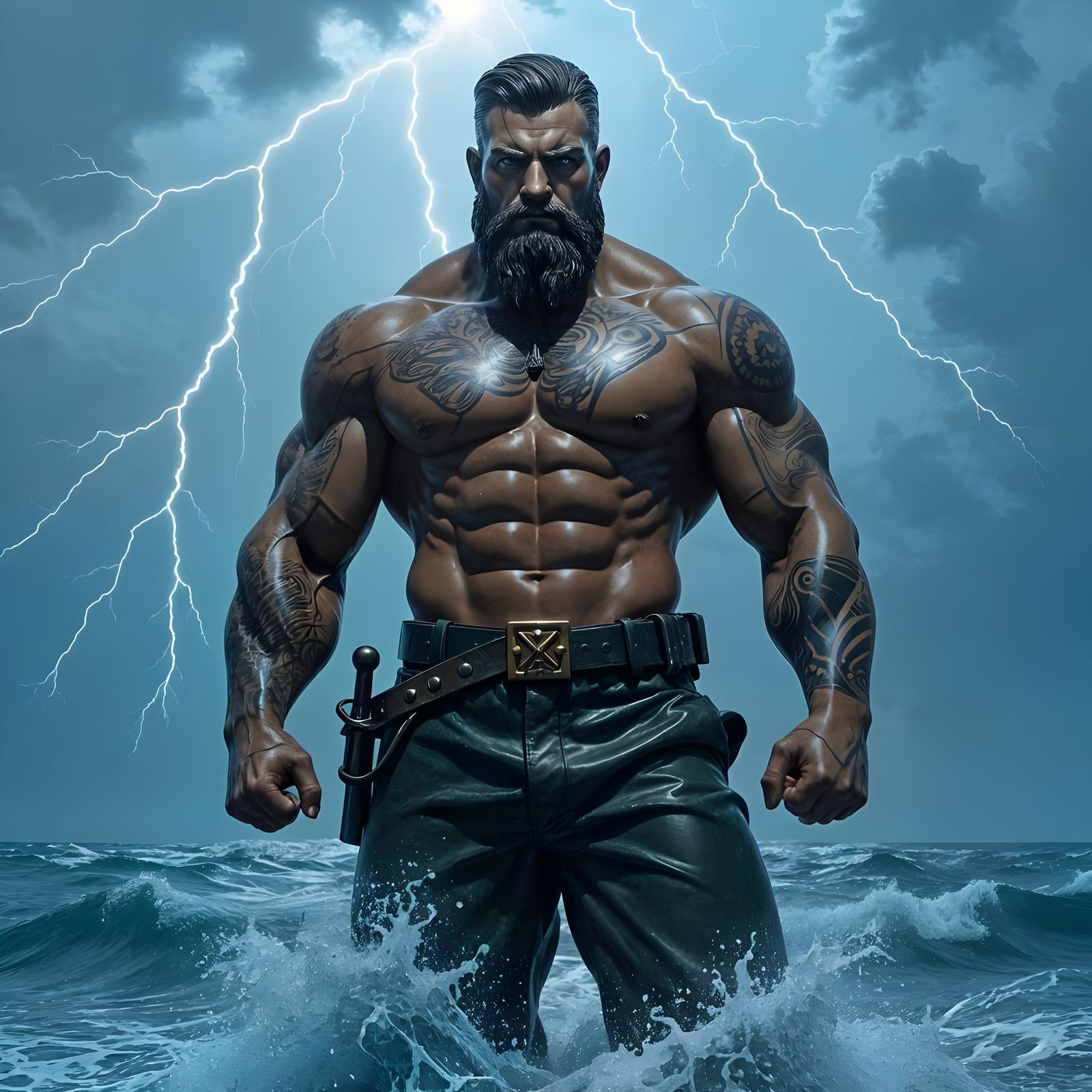 Bronze Sailor Statue Against Stormy Sea, Hyperrealistic Rend...