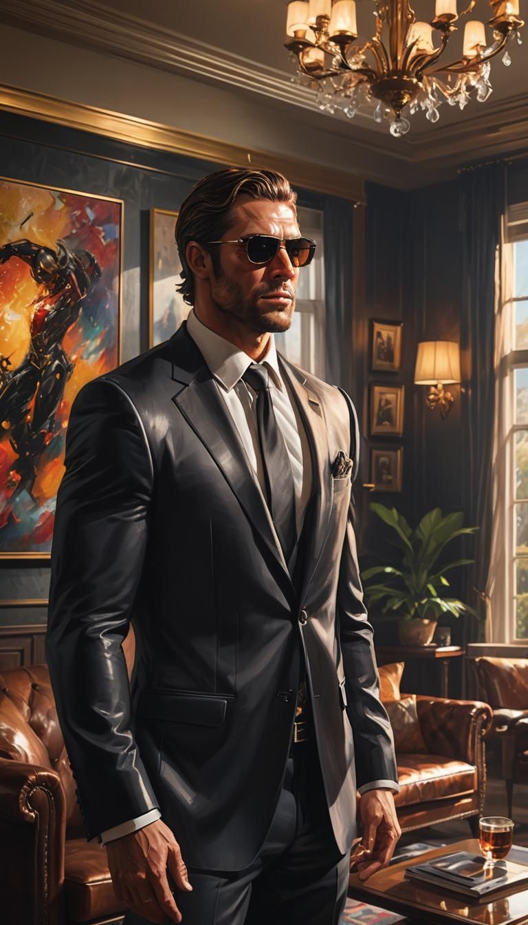 Muscular Man in Black Suit: Hyper-Realistic Concept Art