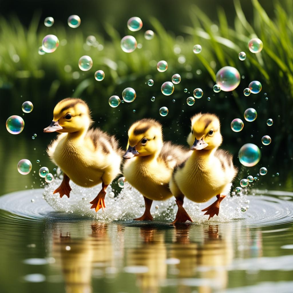 Playful Ducklings Chasing Bubbles in Watercolor Style