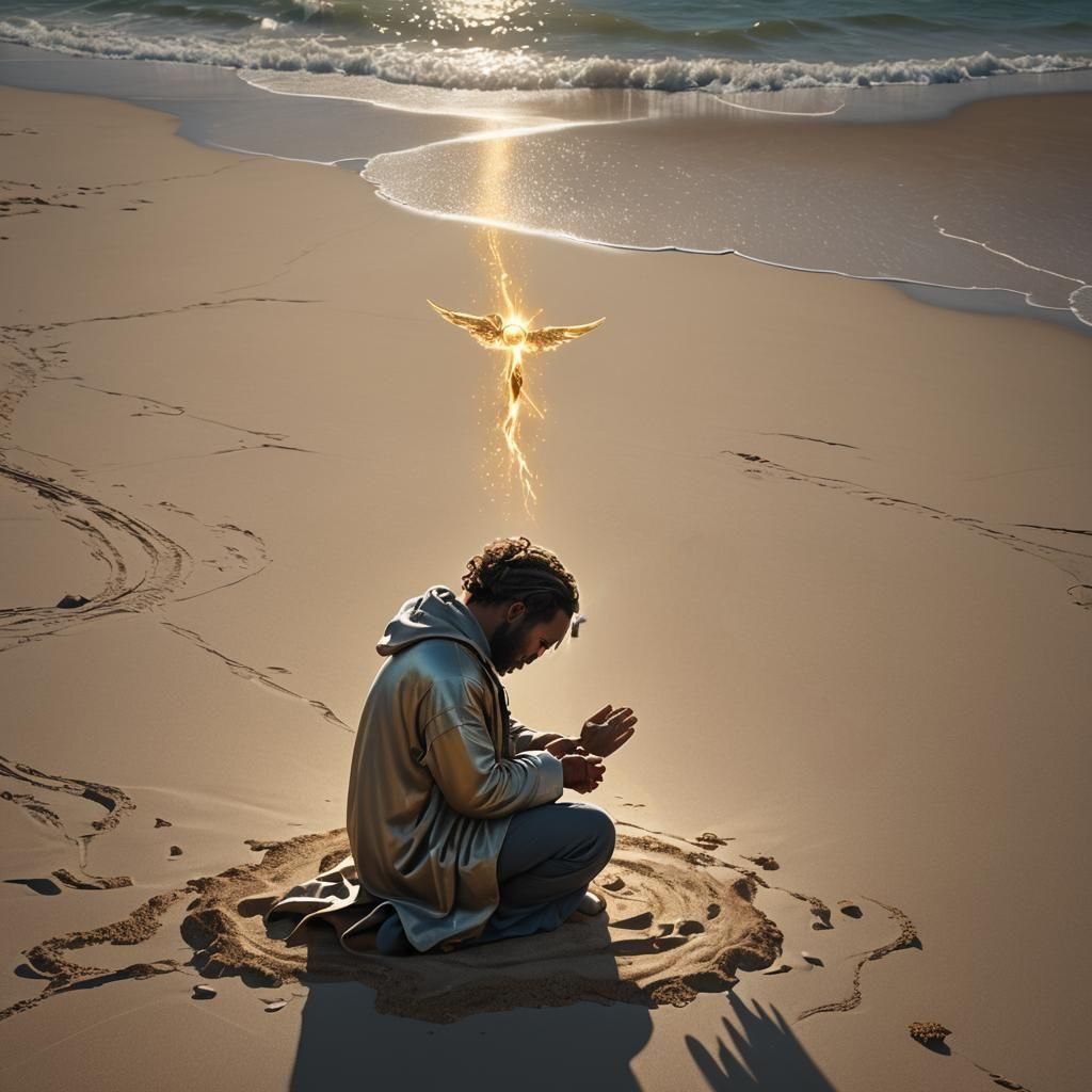 Man Praying on Beach in Detailed Matte Painting