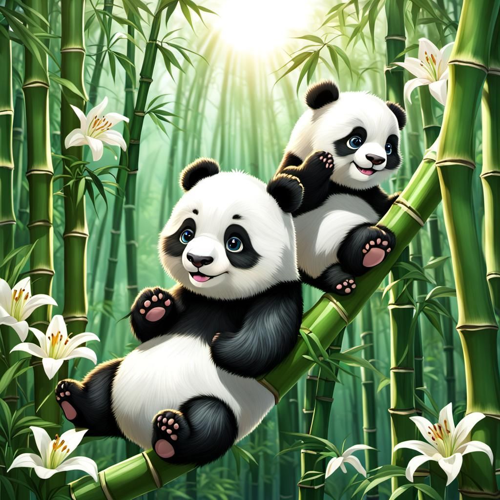 two cute fluffy chibi panda climbing in a tree in a bamboo forest The sun is shining and there are beautiful lilies ther...