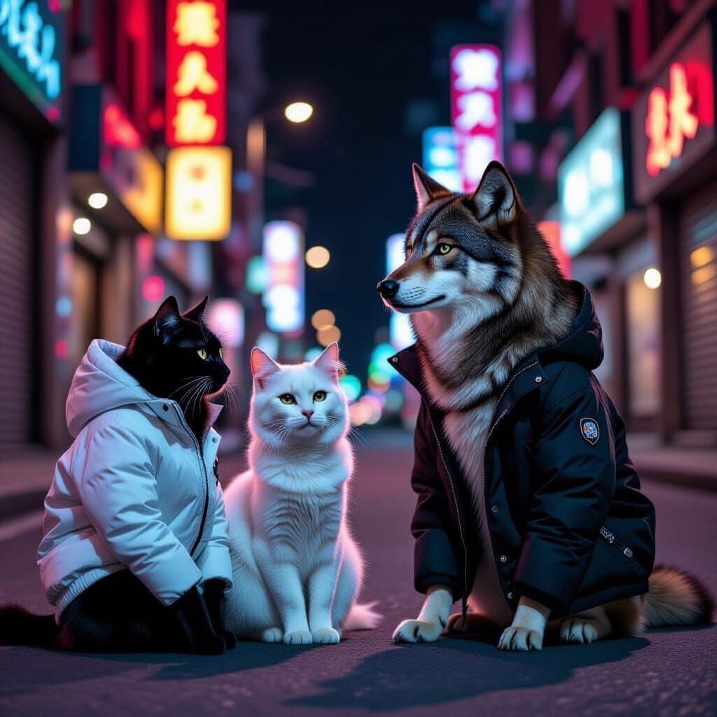 Cats and Wolf in Jackets on Cool City Street