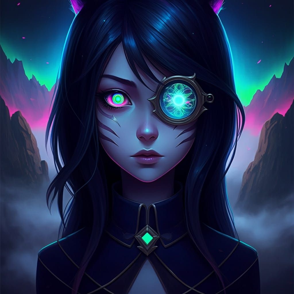 Enigmatic Girl in Mystical Landscape, Psytrance Artwork