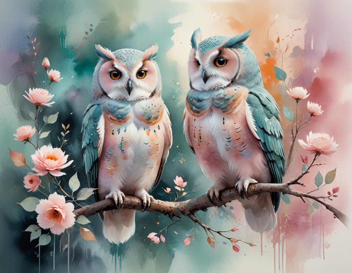 Pastel Owls on Flowering Branch: Watercolor Art