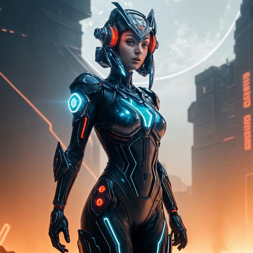 anime-semi-realistic full-body illustration of a female Reploid warrior, merging Cybertronian and Power Ranger-inspired ...