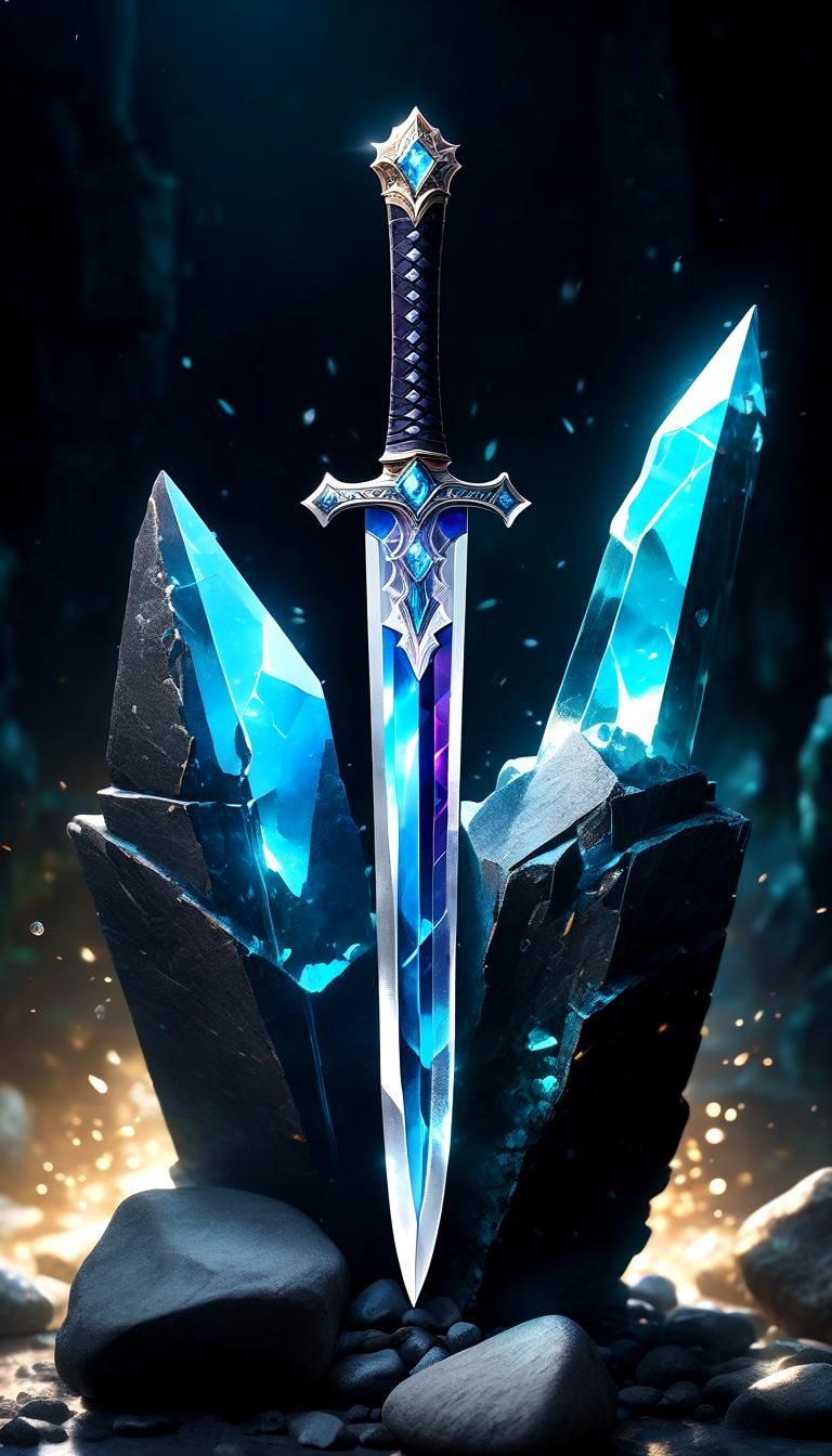Legendary Crystal Sword Embedded in Stone: Fantasy Art