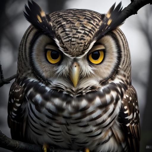 Owl Portrait with Bright Yellow Eyes, Ambient Light