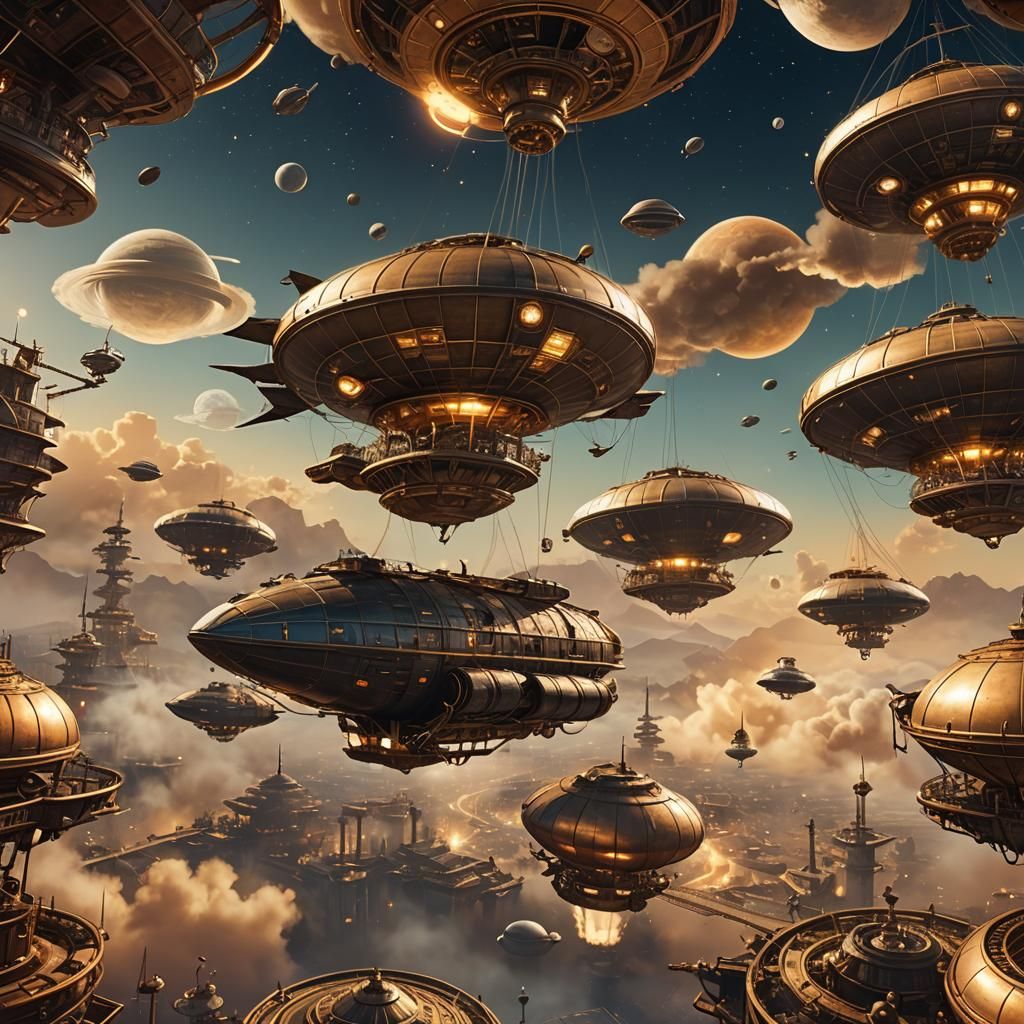 Steampunk Airships Over Saturn in Sci-Fi Adventure