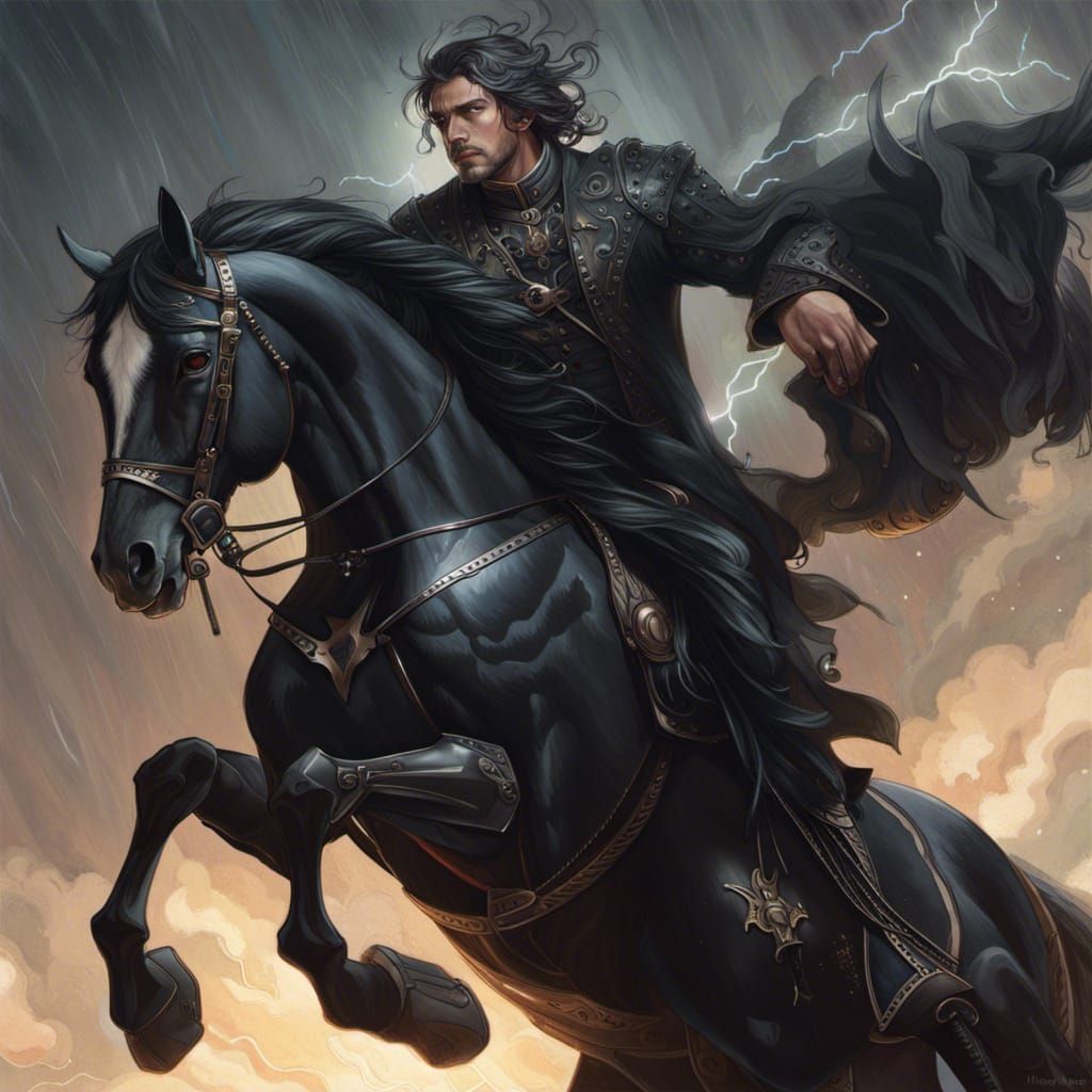 Gothic Prince on Horseback in Lightning Storm