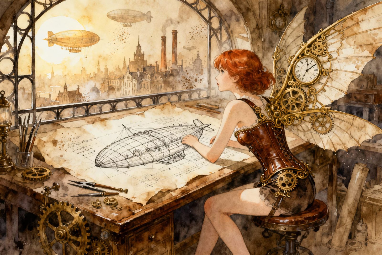 Steampunk Inventor Designs Airship in Watercolor Style
