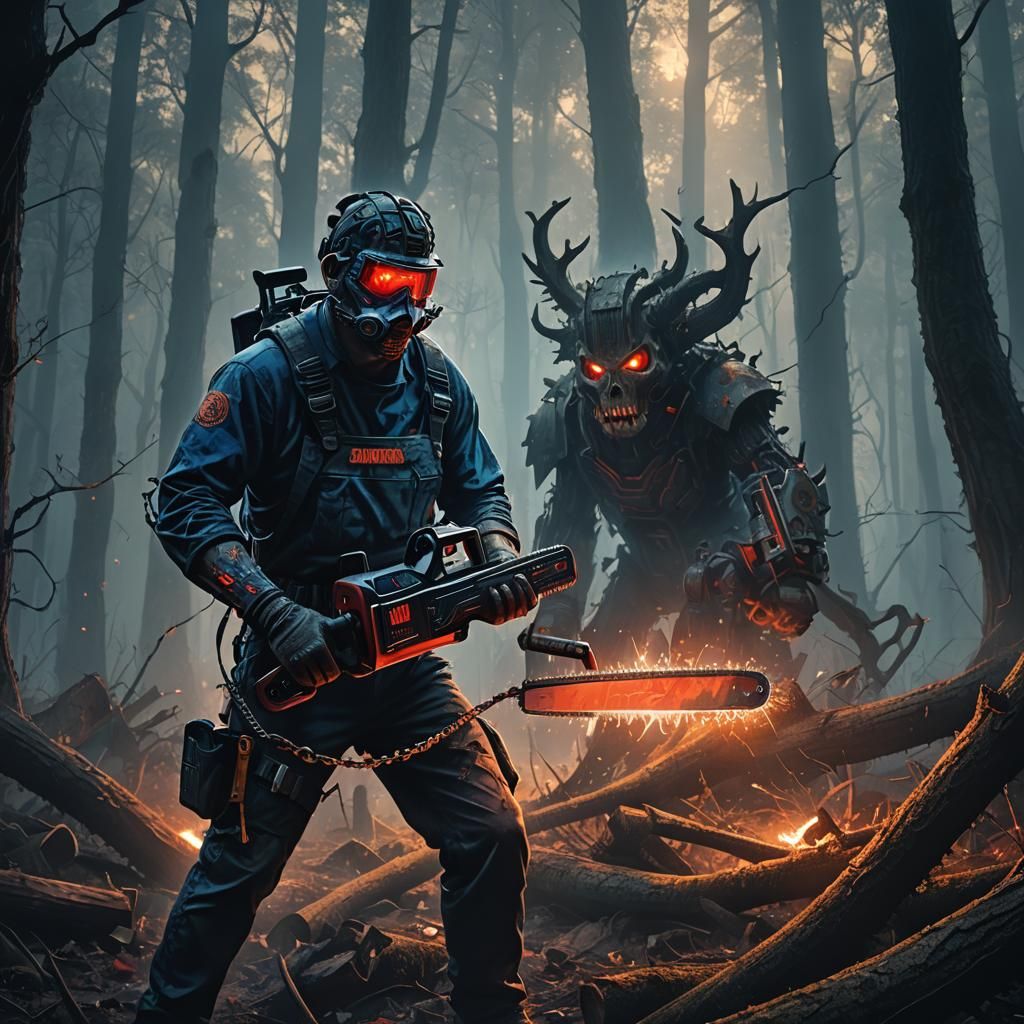 Chainsawman in Haunted Forest: Dark Fantasy Concept Art