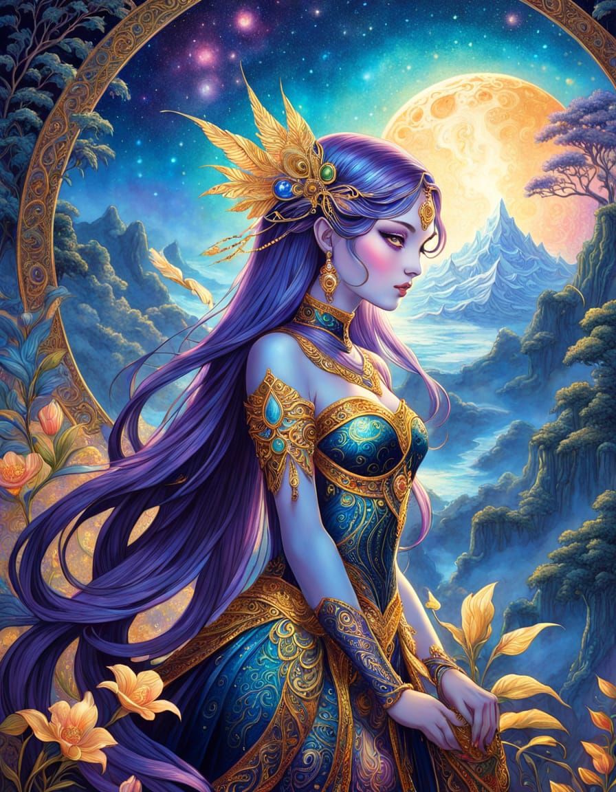 Ethereal Fantasy Woman in Golden Pointillism