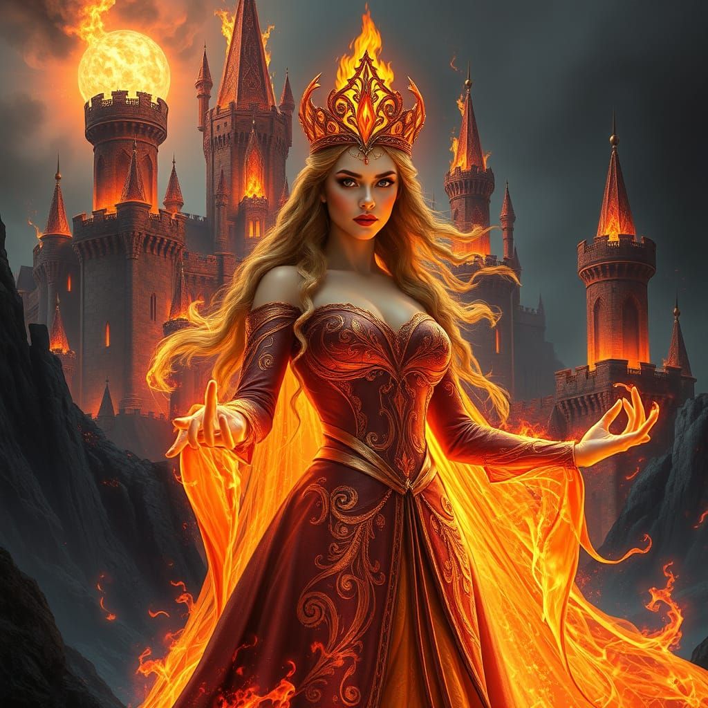 Majestic Flame Queen Commands Living Fire in Fiery Castle