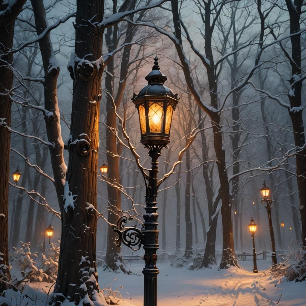Victorian Lamppost in Snowy Woods, Hyperrealistic Fantasy