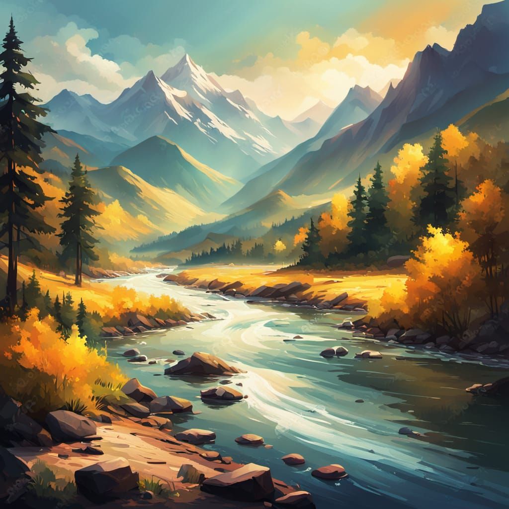 Mountain River Landscape in Oil Painting Style
