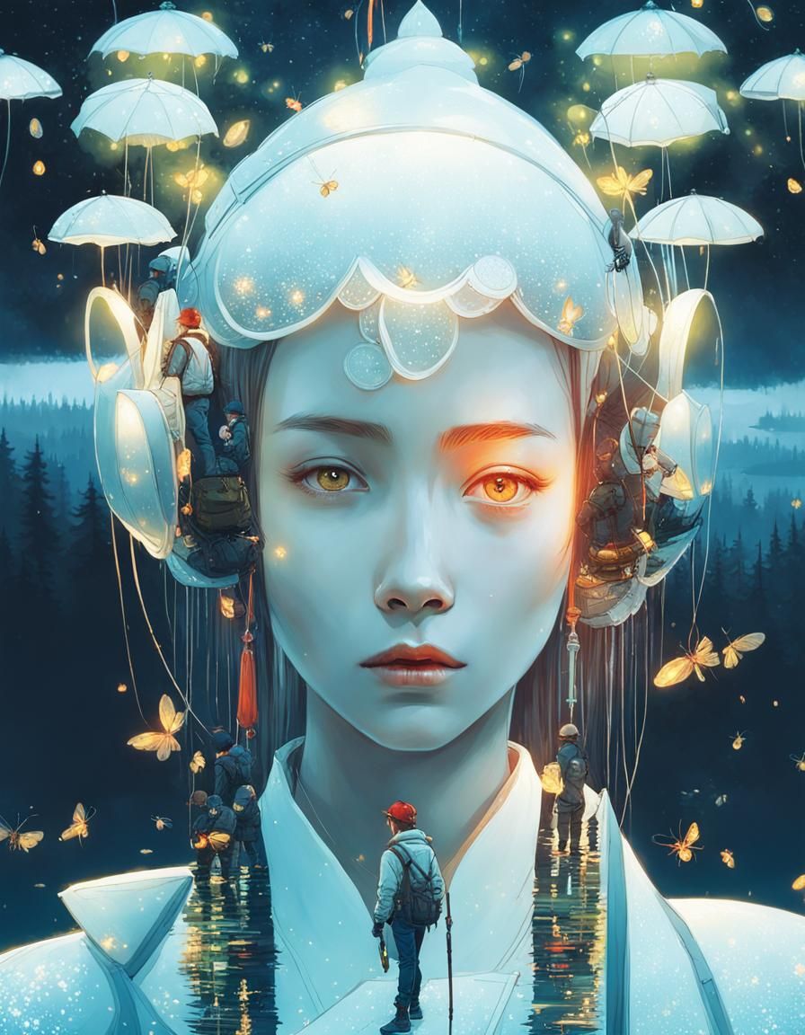 Fireflies by the Lake: Digital Illustration