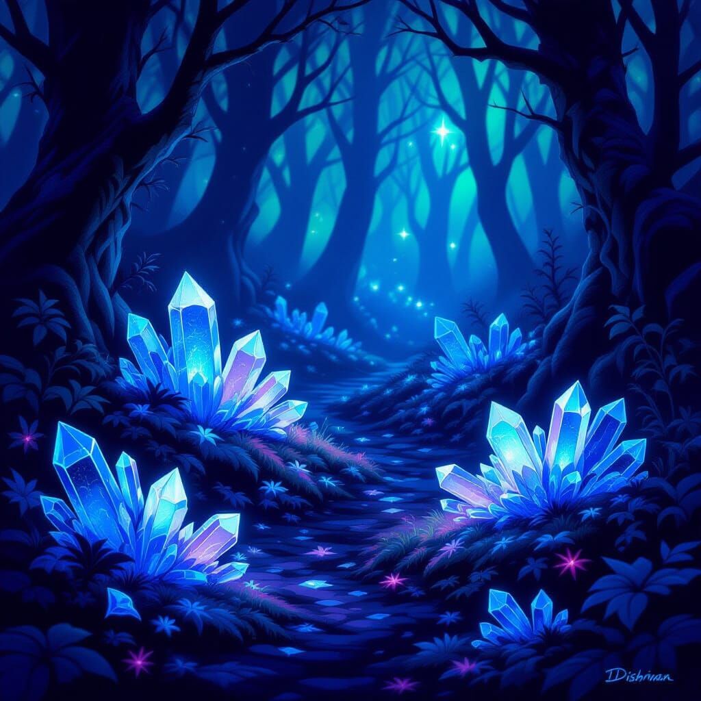 Glowing Bioluminescent Crystals in Enchanted Forest