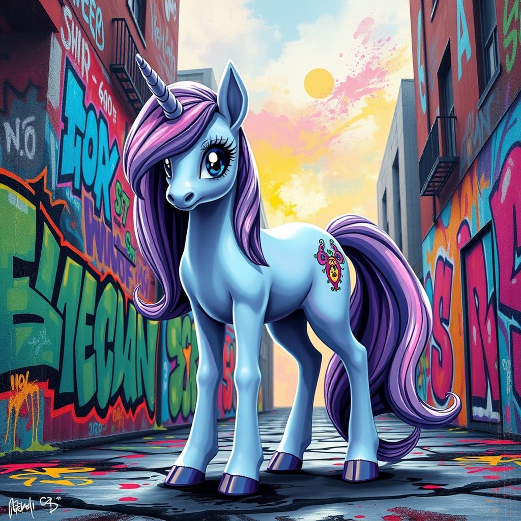 Elegant Unicorn Pony Surrounded by Urban Graffiti in Whimsic...