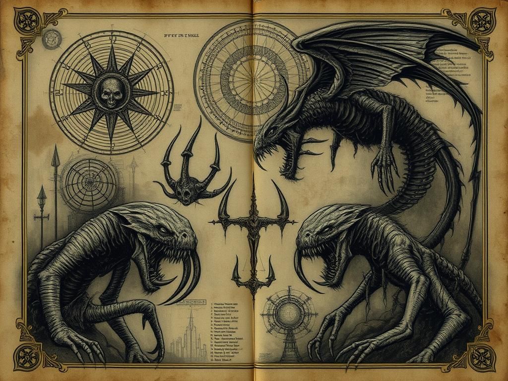 Eldritch Tome with Grotesque Monsters in Horror Style