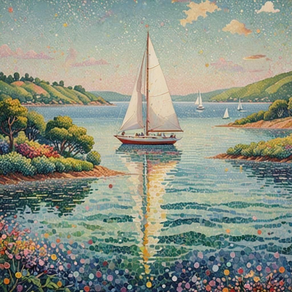 Pointillist Seascape with Sailboats
