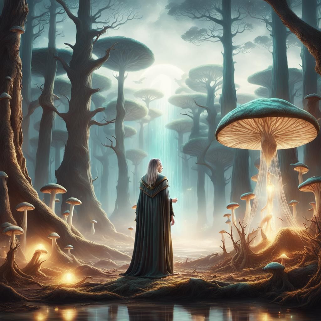Mystical Sorceress in Glowing Mushroom Forest