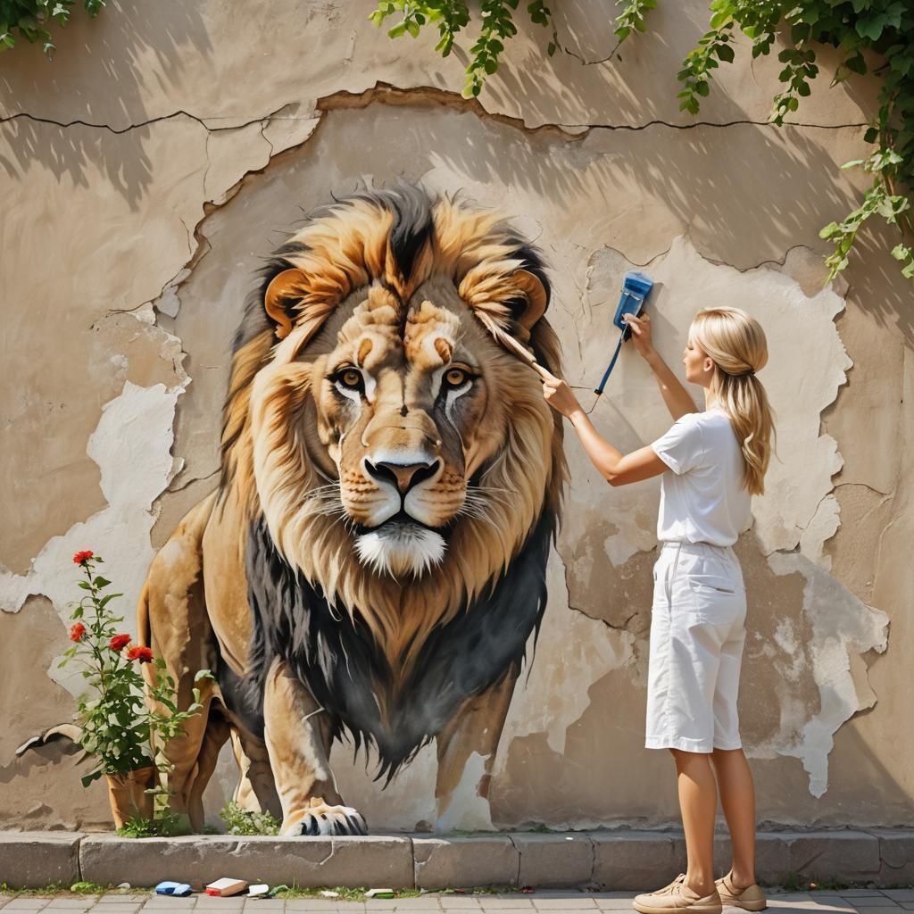 Blonde Woman Paints Lion Mural, Summer Day