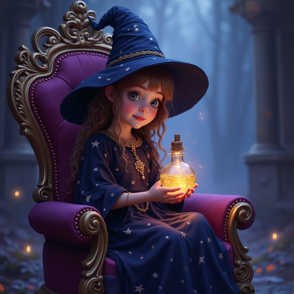 Witch Girl on Throne with Glowing Potion