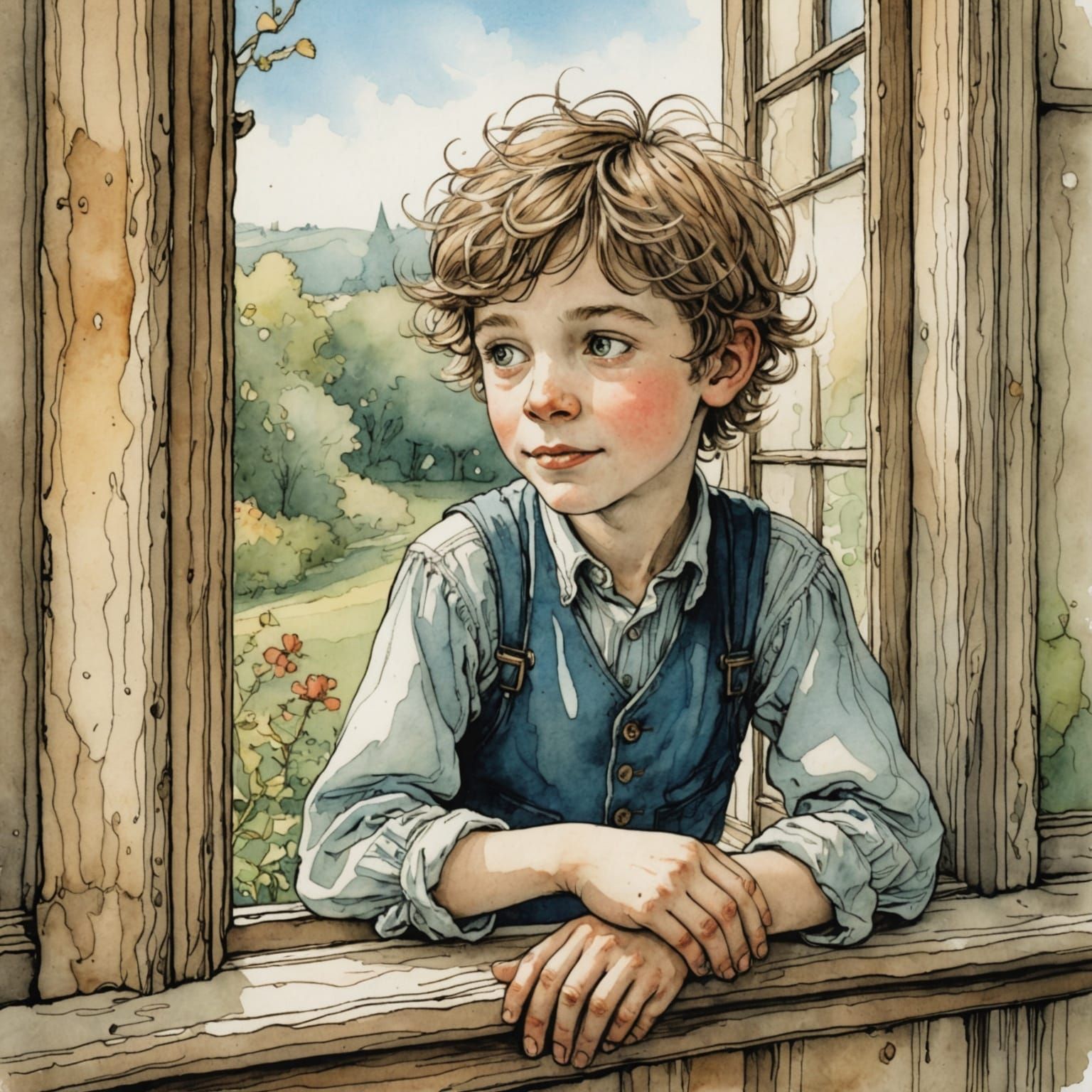 Boy Stares Out Window in Storybook Illustration