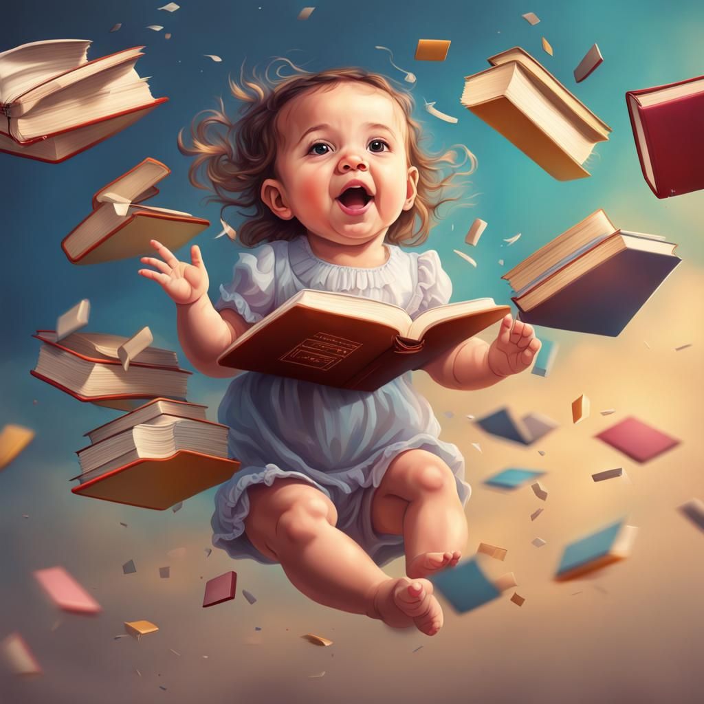Cute Baby Girl Catching Floating Books